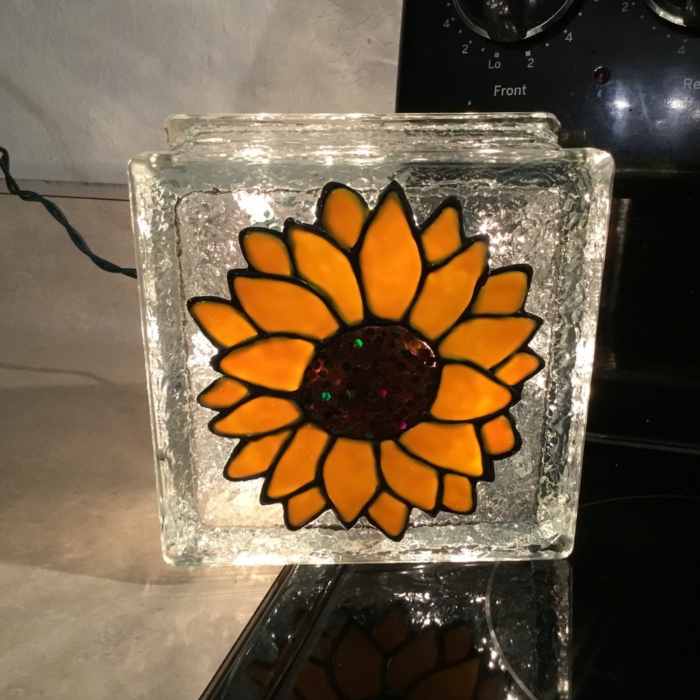 New, Sunflower Hand painted Stained Glass Light up block